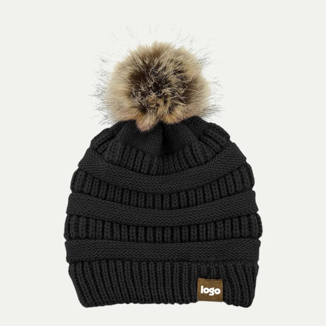 black sherpa lined pom pom beanie with faux fur
