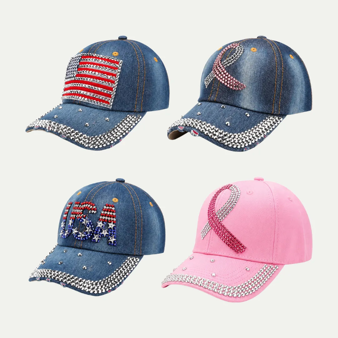 rhinestone denim baseball caps in four designs