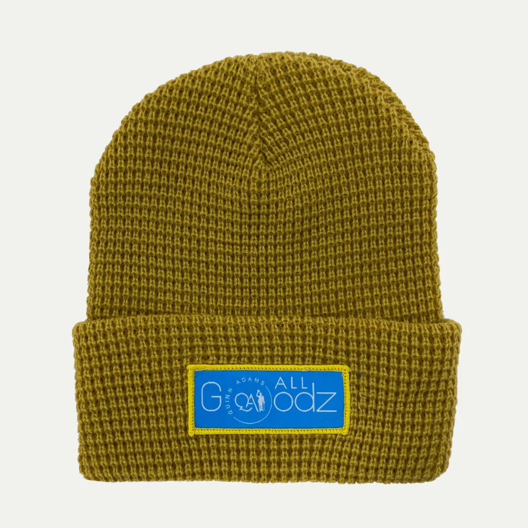 olive waffle texture cuffed beanie with rectangular logo patch on front