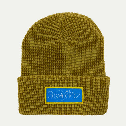 olive waffle texture cuffed beanie with rectangular logo patch on front