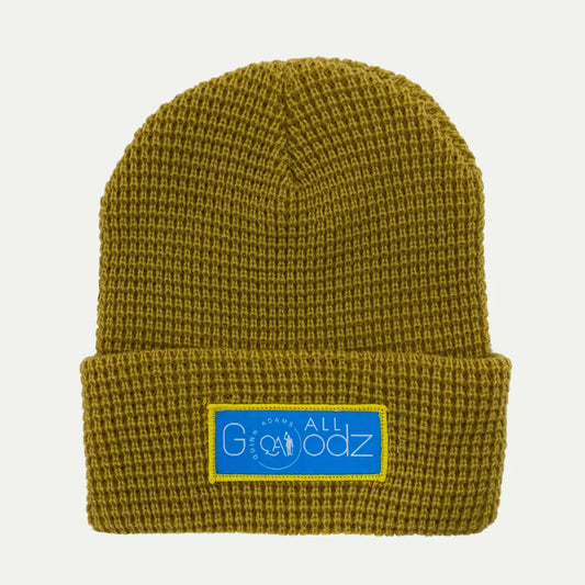 olive waffle texture cuffed beanie with rectangular logo patch on front