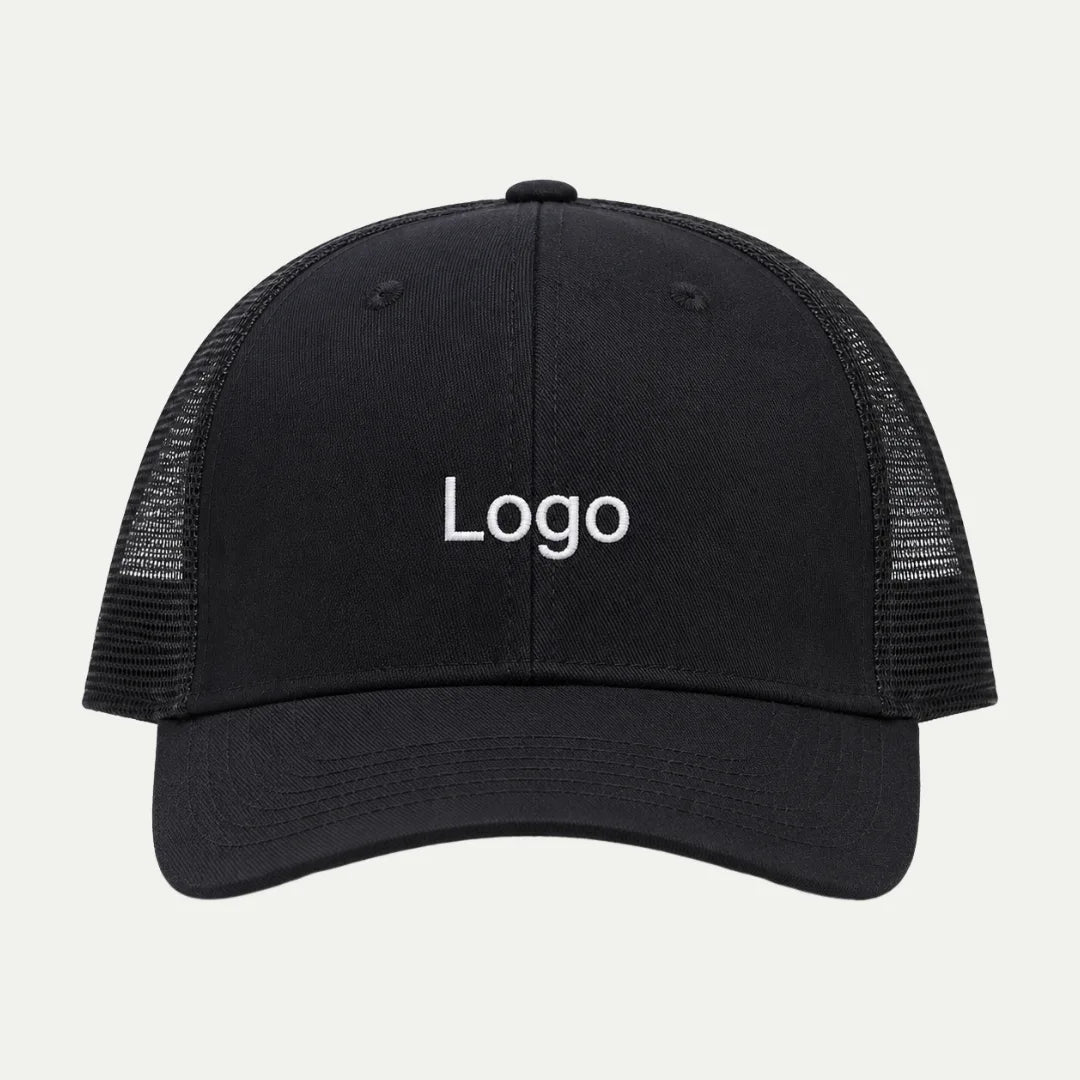 black custom logo mesh trucker hat front view