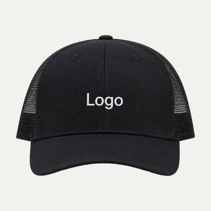black custom logo mesh trucker hat front view