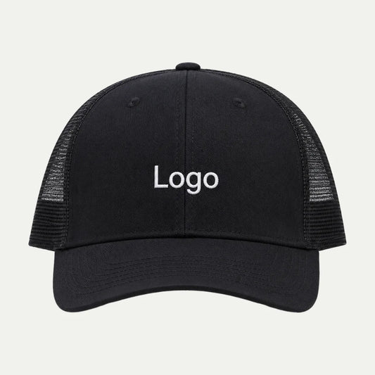 black custom logo mesh trucker hat front view