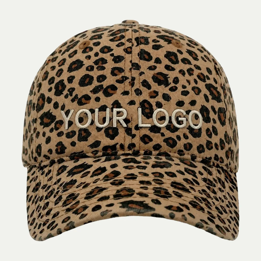 leopard print custom dad hat with embroidered logo