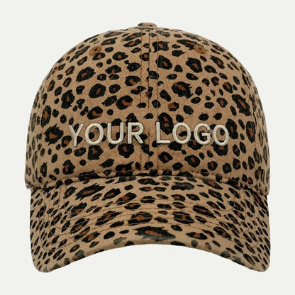 leopard print custom dad hat with embroidered logo