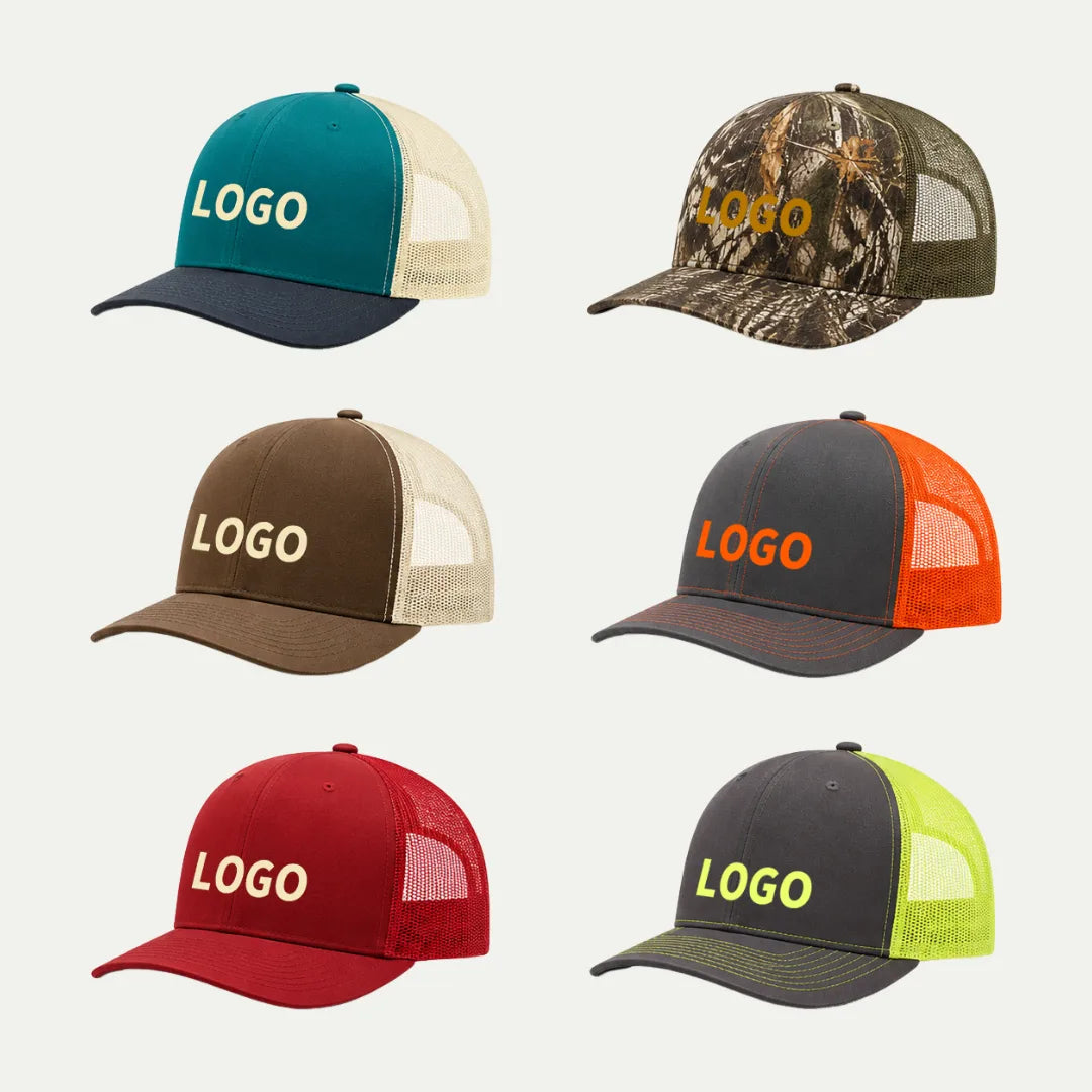printed logo mesh back baseball caps in multiple colors