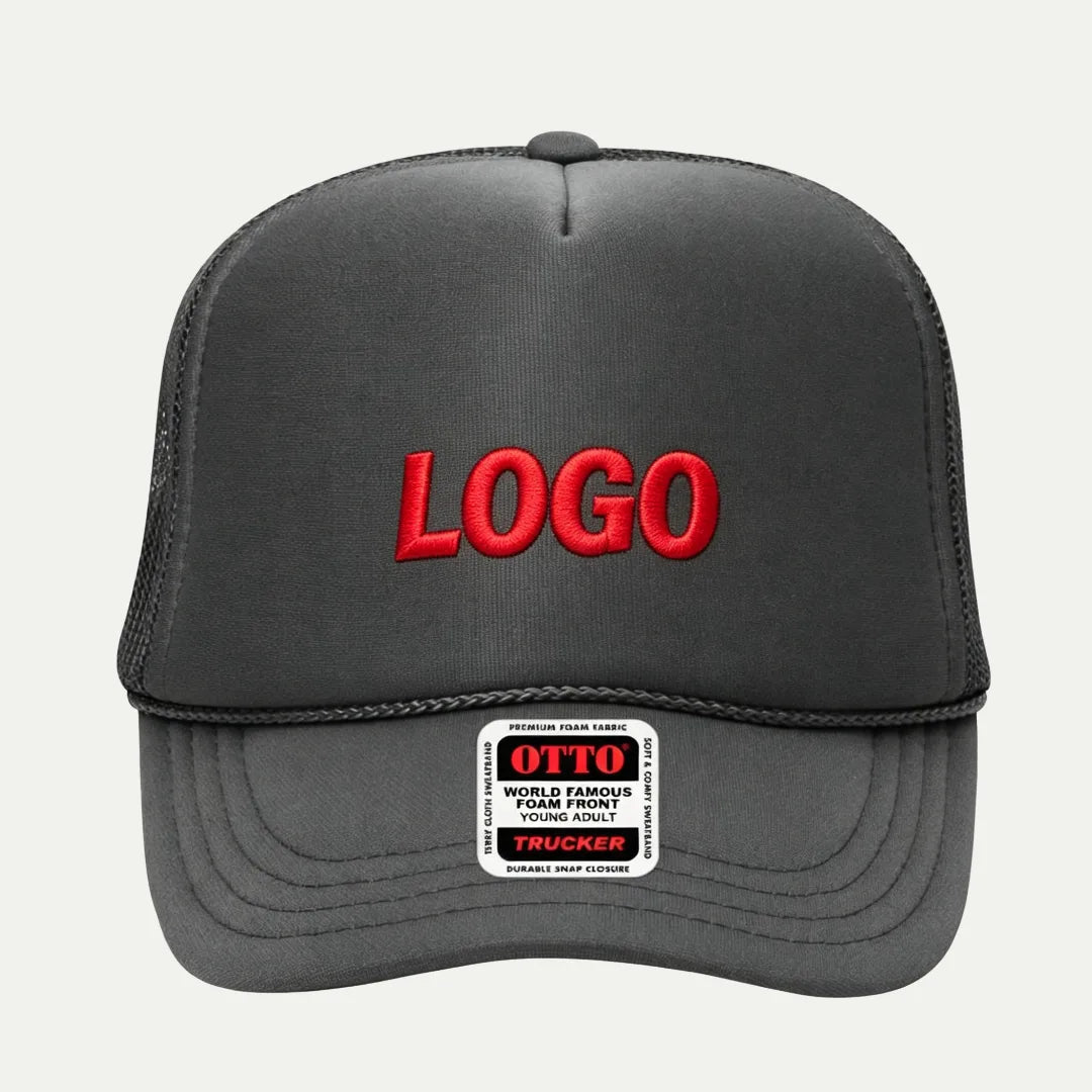grey custom 5 panel foam trucker hat front view with embroidered logo