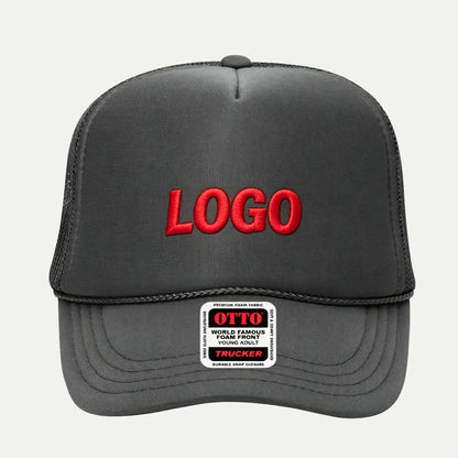 grey custom 5 panel foam trucker hat front view with embroidered logo