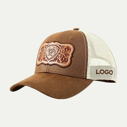 brown custom western patch trucker hat angled front view