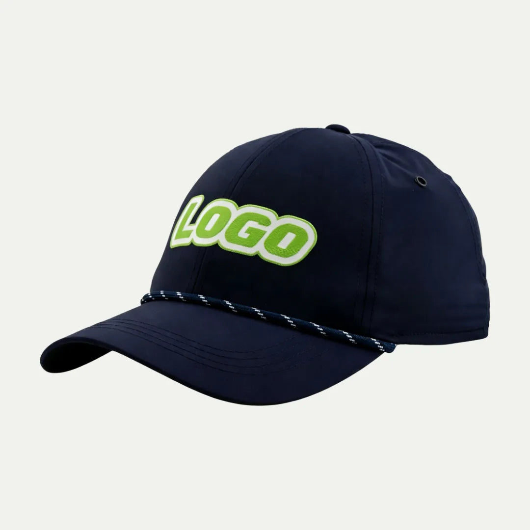 navy rope baseball cap with green logo side angle