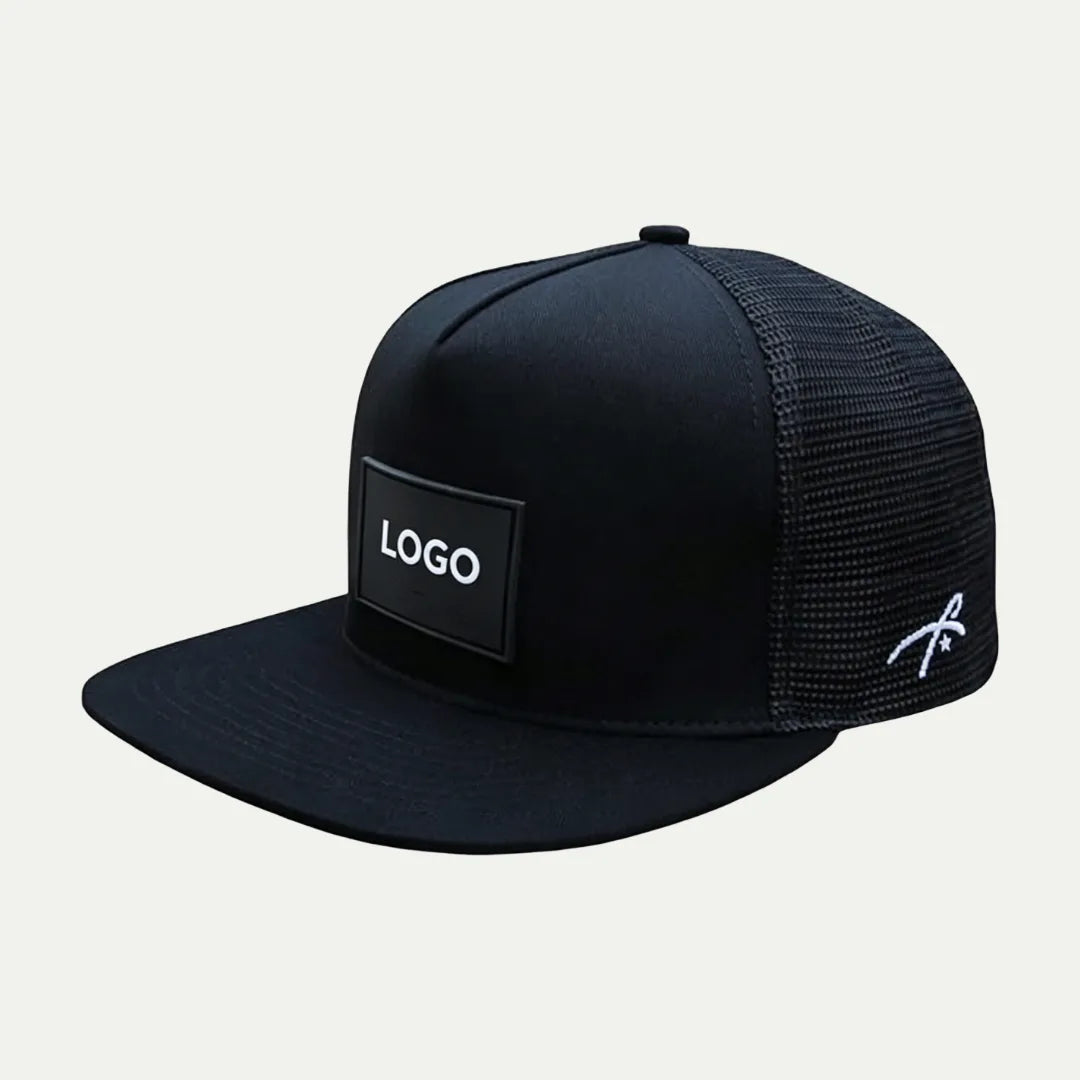 black custom mesh trucker hat side view with flat brim