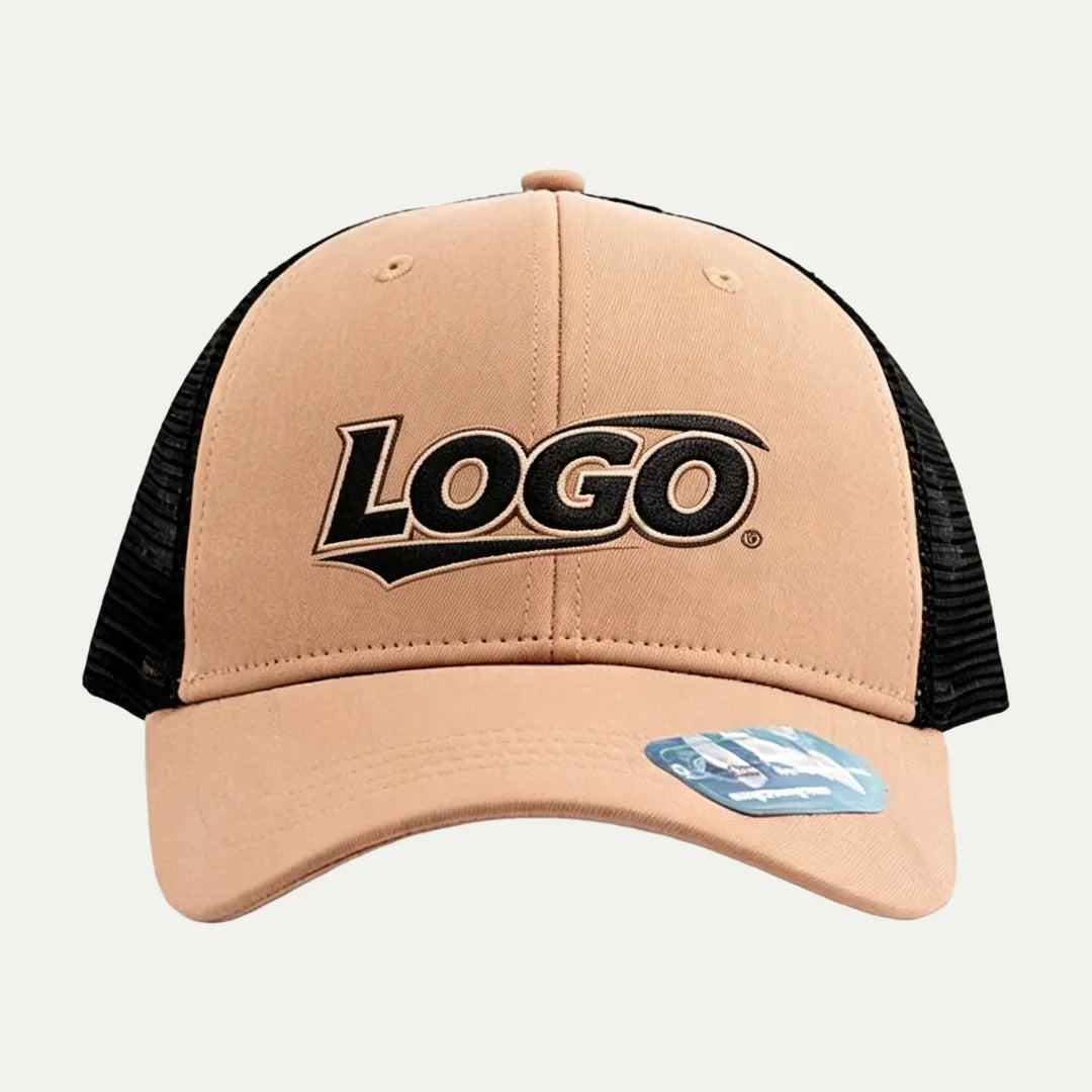 beige custom recycled mesh trucker hat front view with embroidered logo