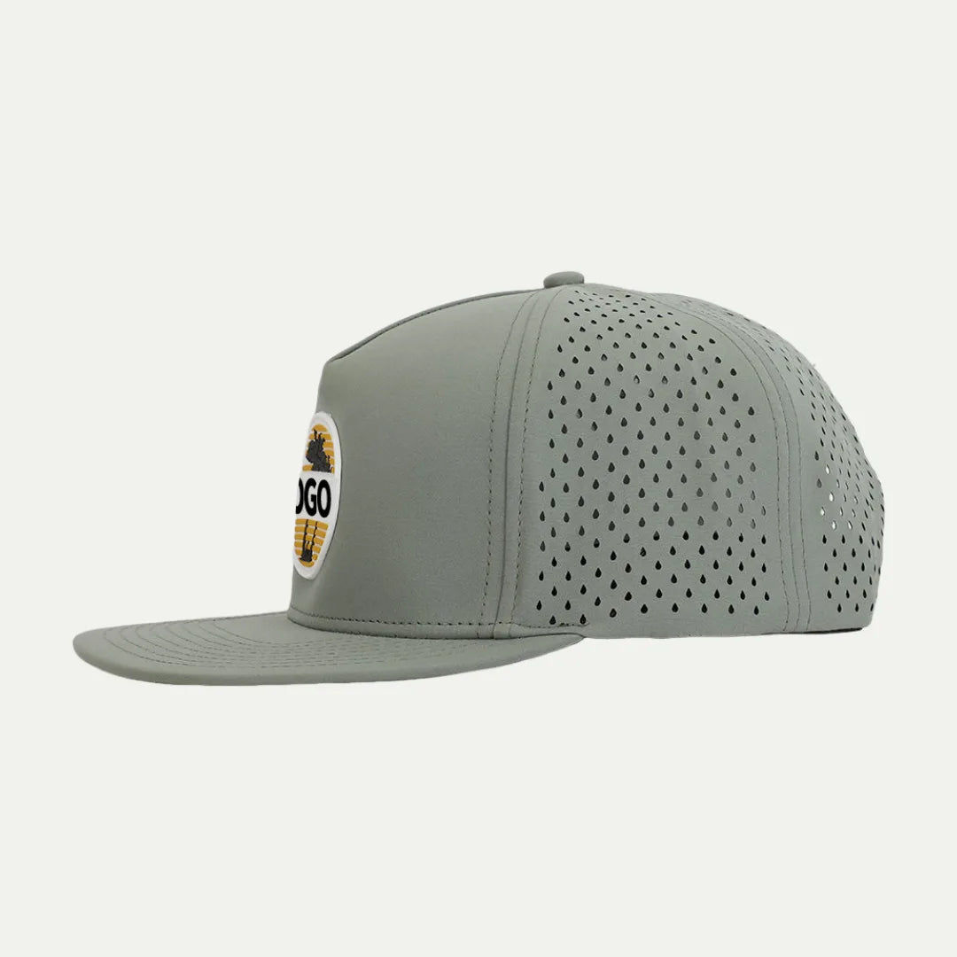 sage custom performance trucker hat side view with perforated panels