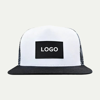 white custom printed mesh trucker hat front view with black patch logo
