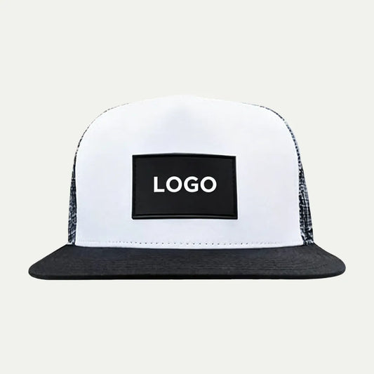 white custom printed mesh trucker hat front view with black patch logo