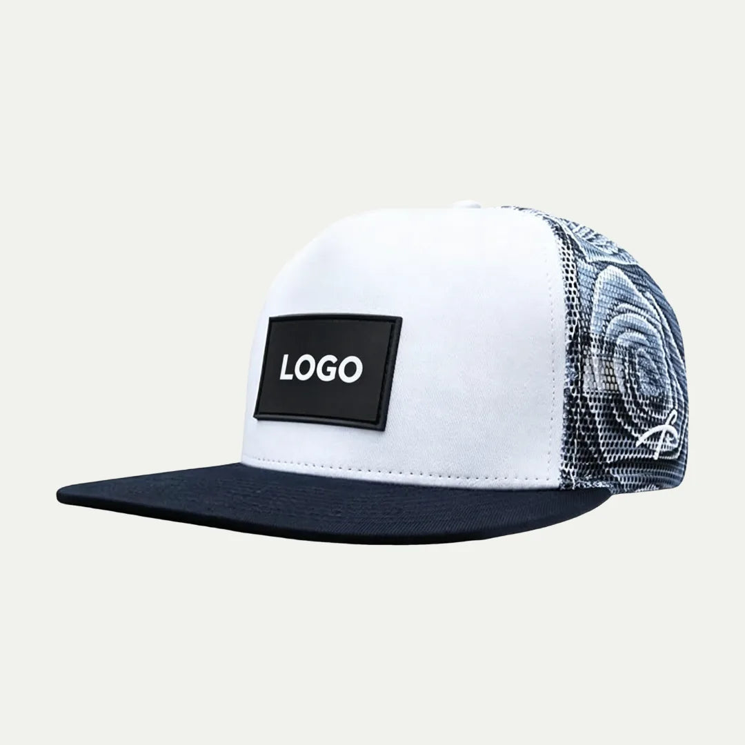 white custom printed mesh trucker hat side view with flat brim