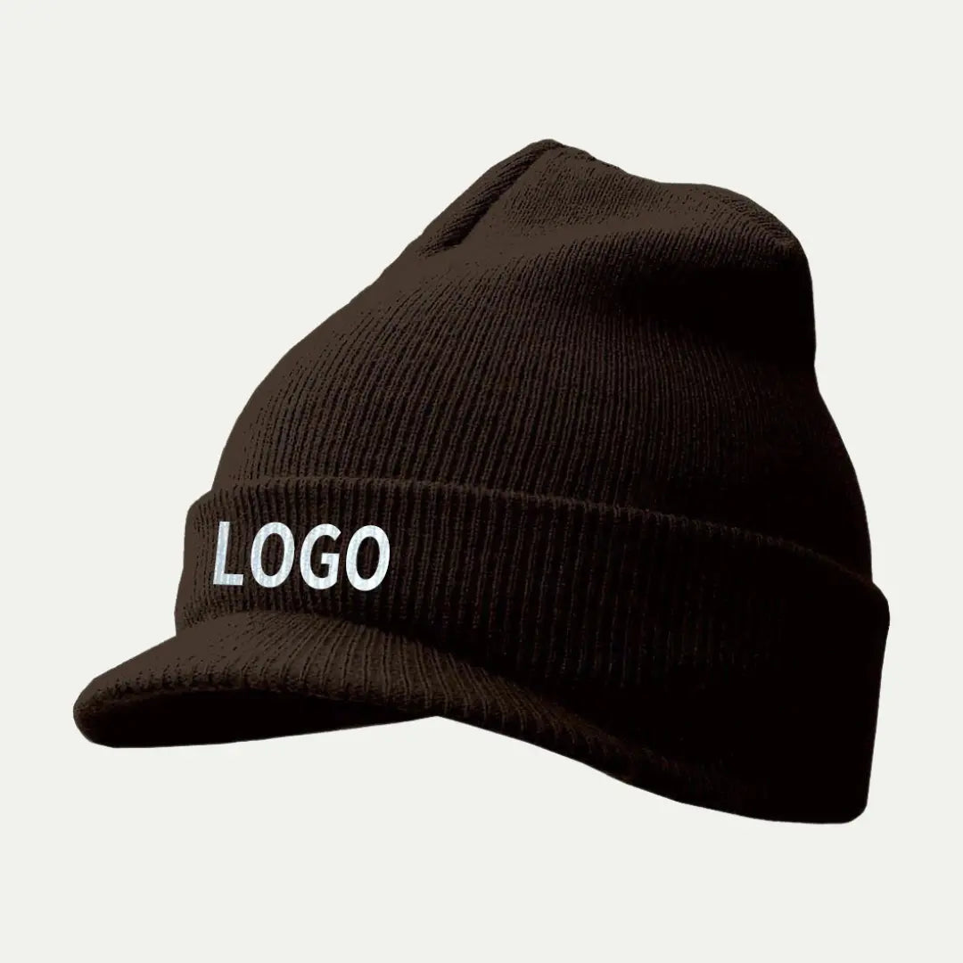 custom black beanie with brim rib knit cuff logo front