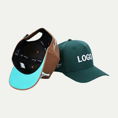 custom baseball caps in brown and green with embroidered front logo