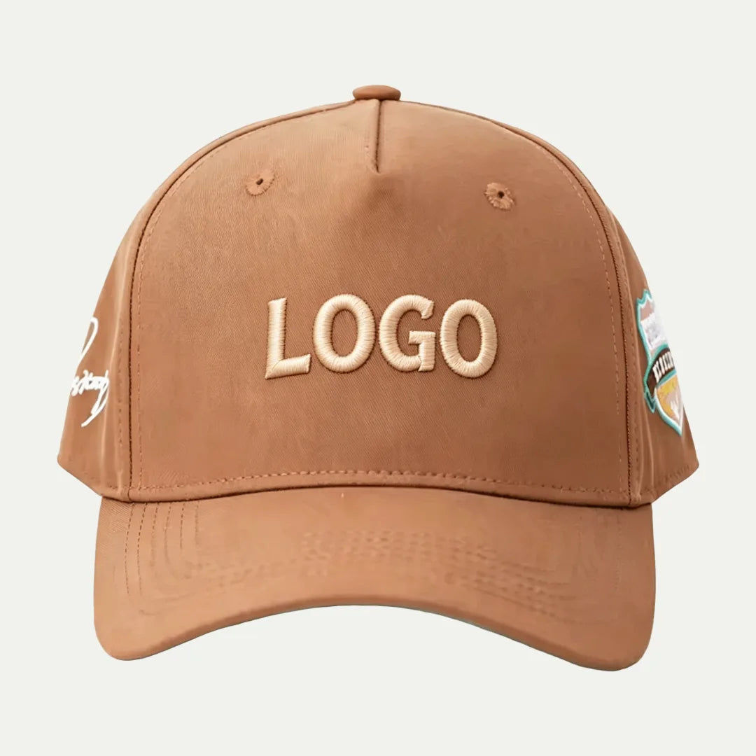 brown custom 3D embroidered baseball cap with raised front logo