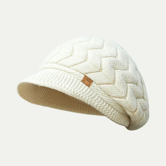 cream slouchy beanie with brim and logo patch