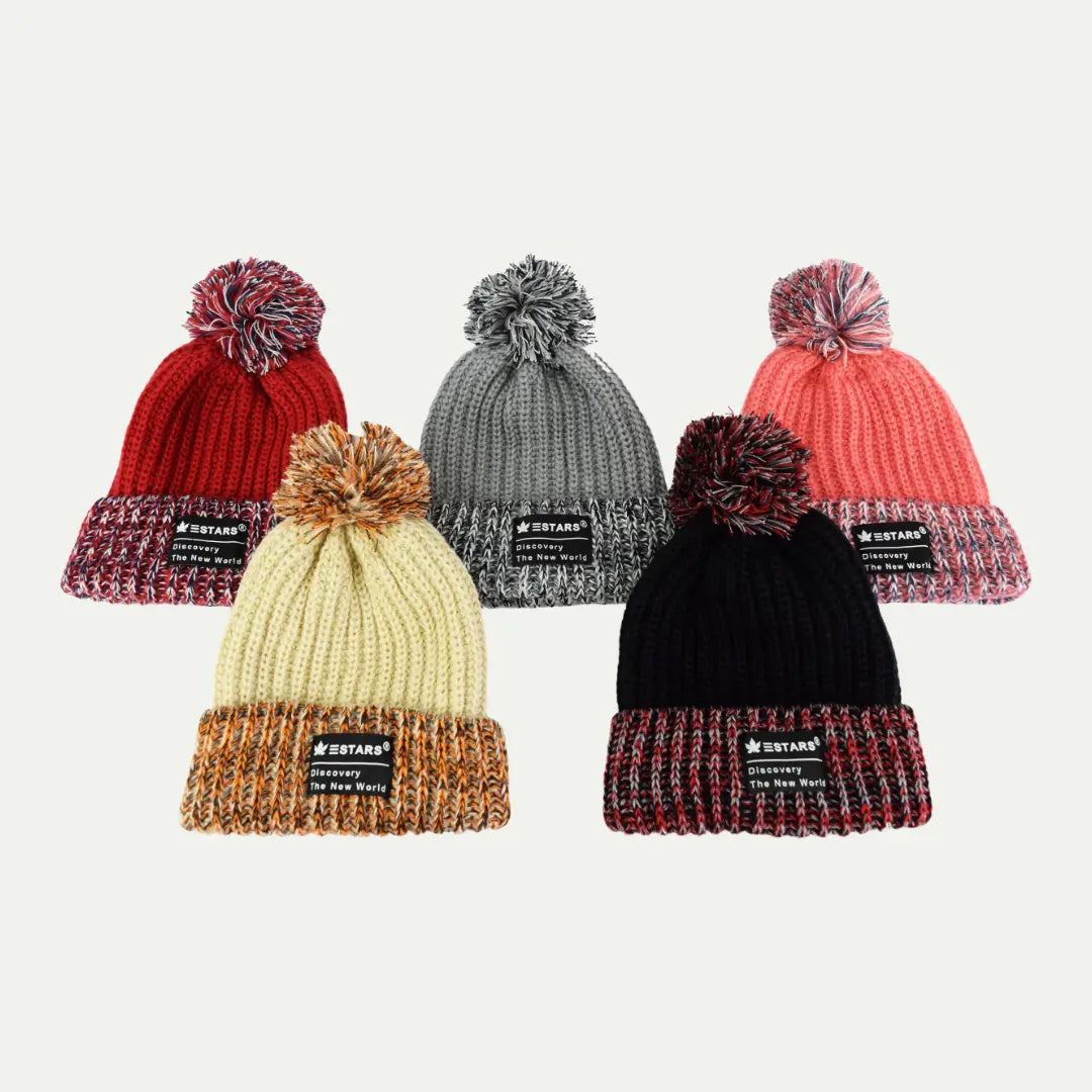 marled pom beanies mixed yarn colors collection display