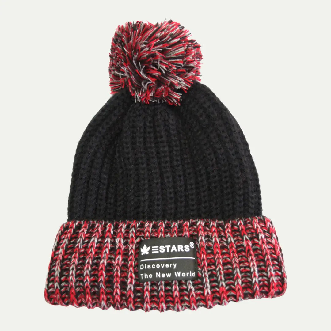 marled pom beanie black red mixed yarn knit hat