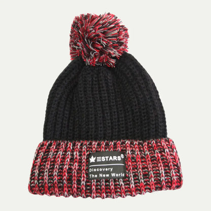 marled pom beanie black red mixed yarn knit hat
