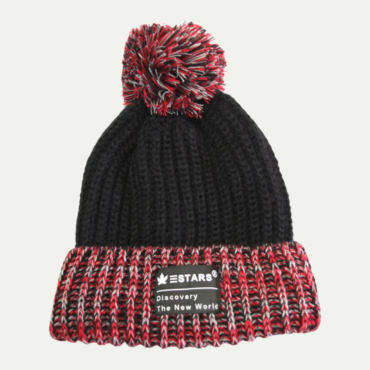 marled pom beanie black red mixed yarn knit hat