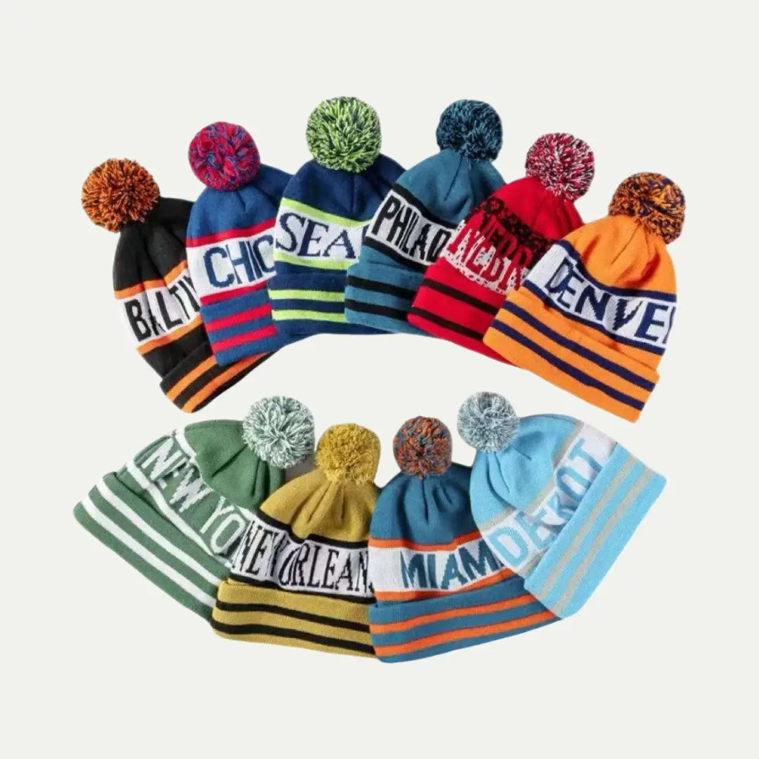 custom stripe pom beanies assorted colors team style