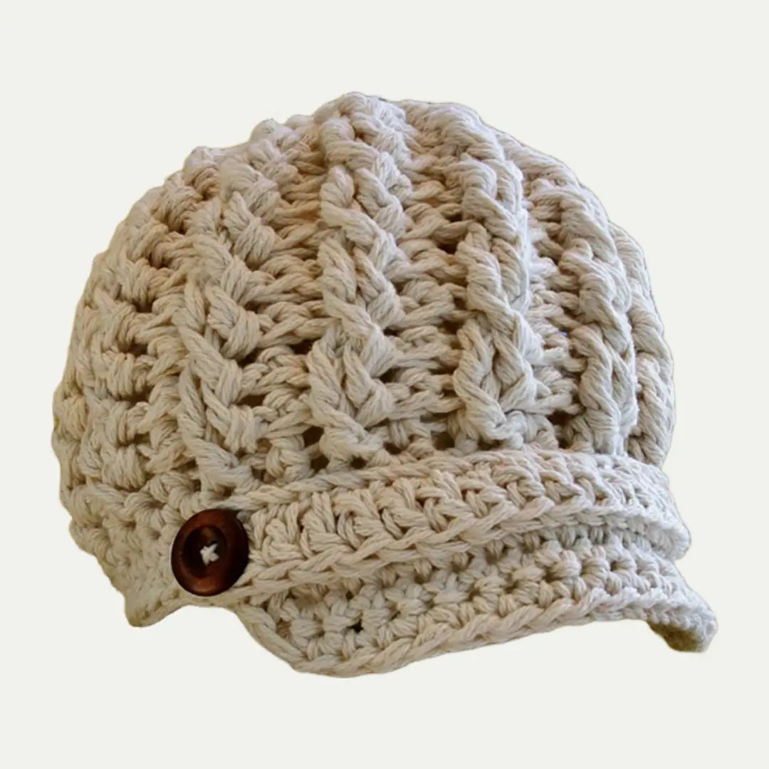 beige cable knit newsboy cap with button