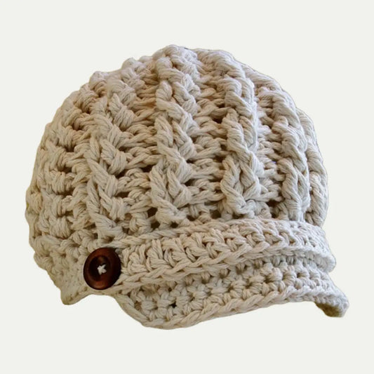 beige cable knit newsboy cap with button