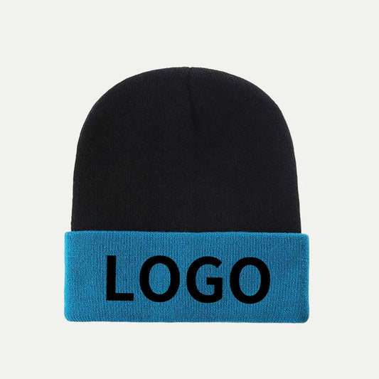 black and blue cuffed knit beanie with folded brim and logo text on front