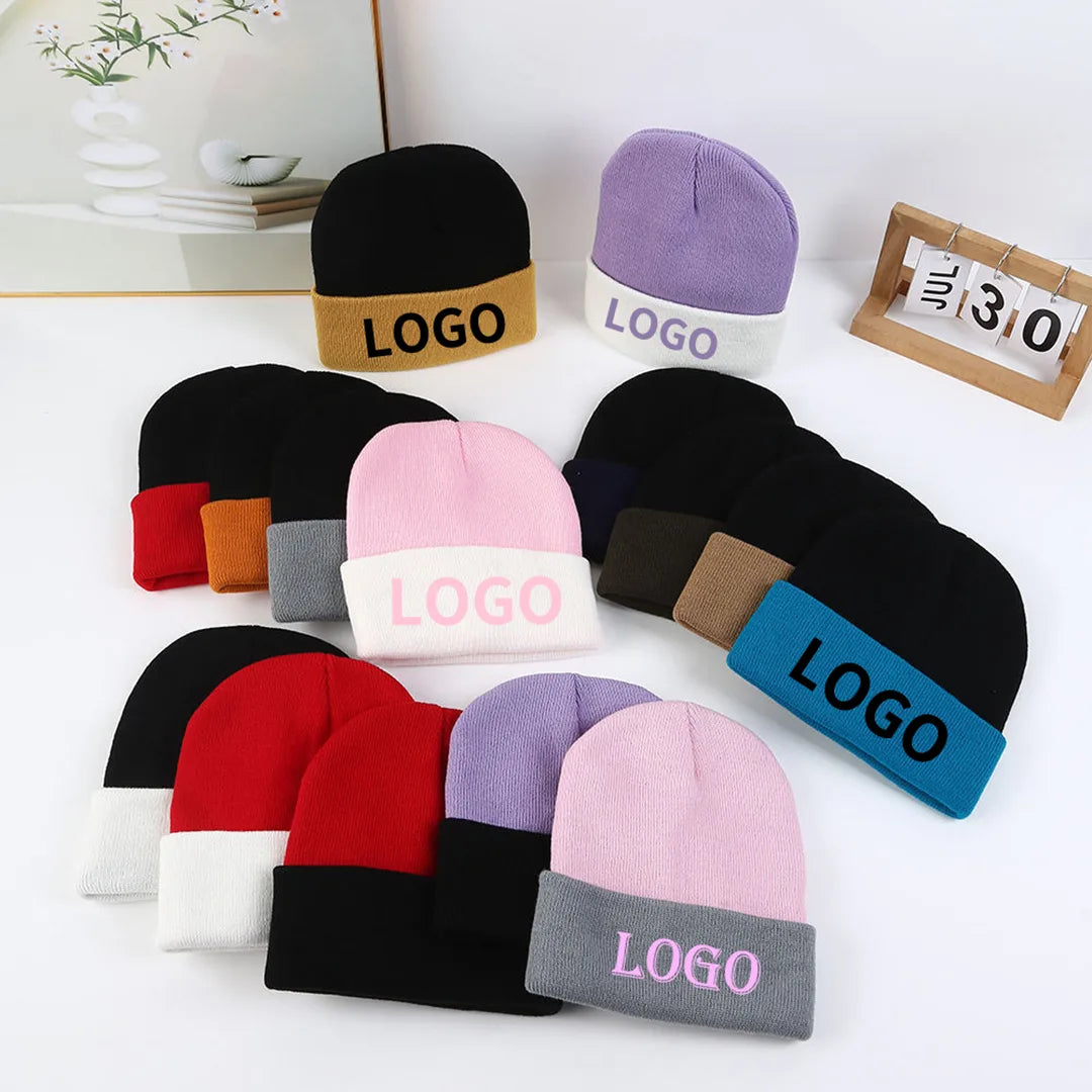 assorted two-tone cuffed beanies with logo text