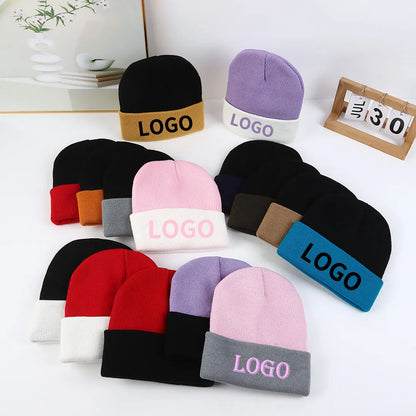 assorted two-tone cuffed beanies with logo text