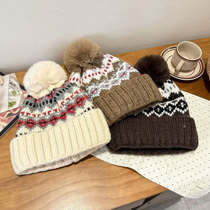 pattern pom beanies in assorted colors