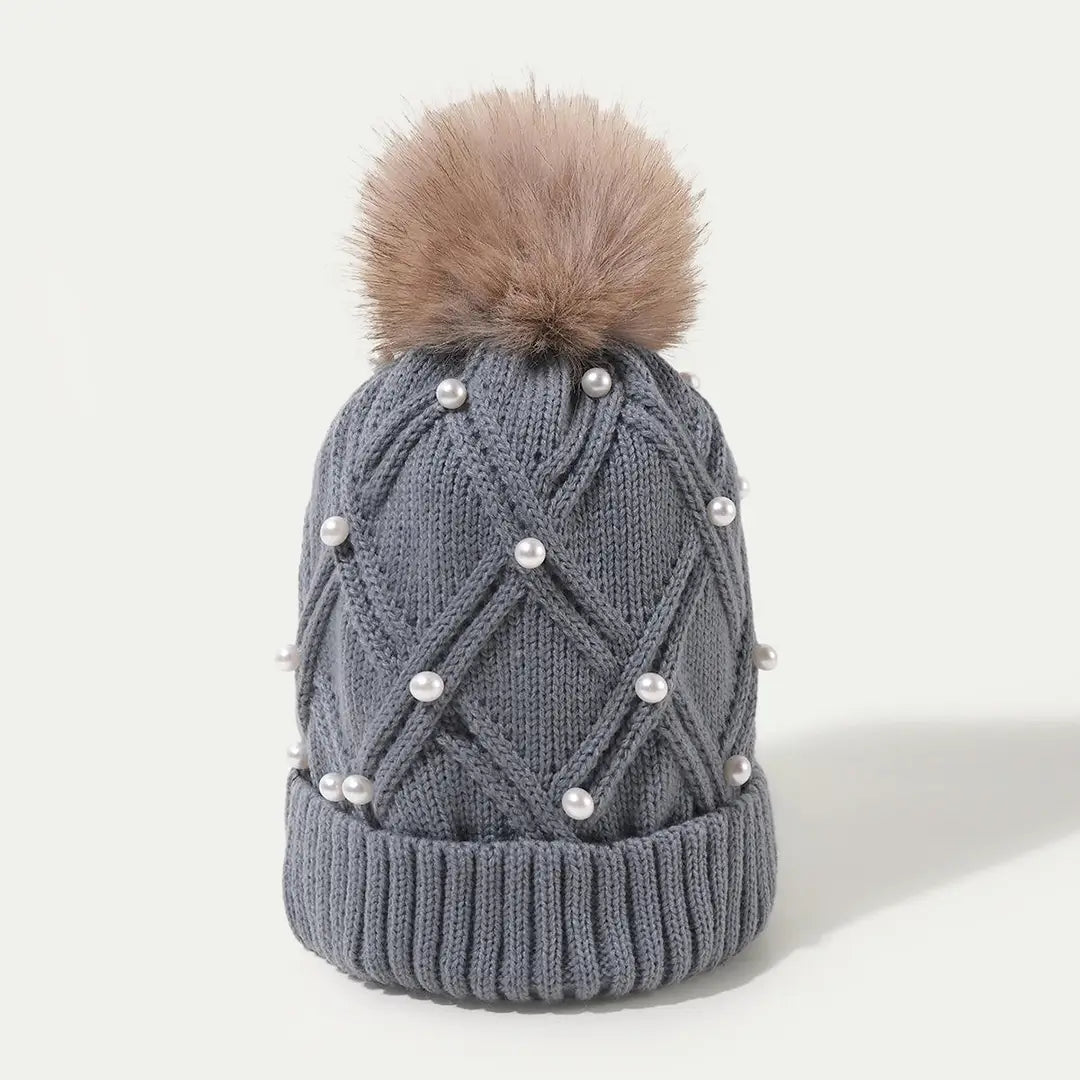 gray pearl pom beanie with faux fur