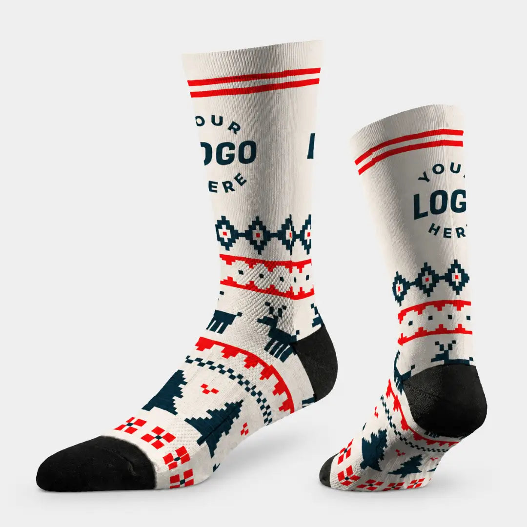 custom crew socks with red and navy winter pattern and logo area