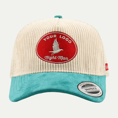cream custom corduroy mesh trucker hat front view with red patch logo