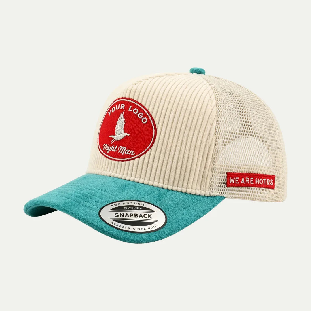 cream and blue custom corduroy mesh trucker hat side view with mesh back